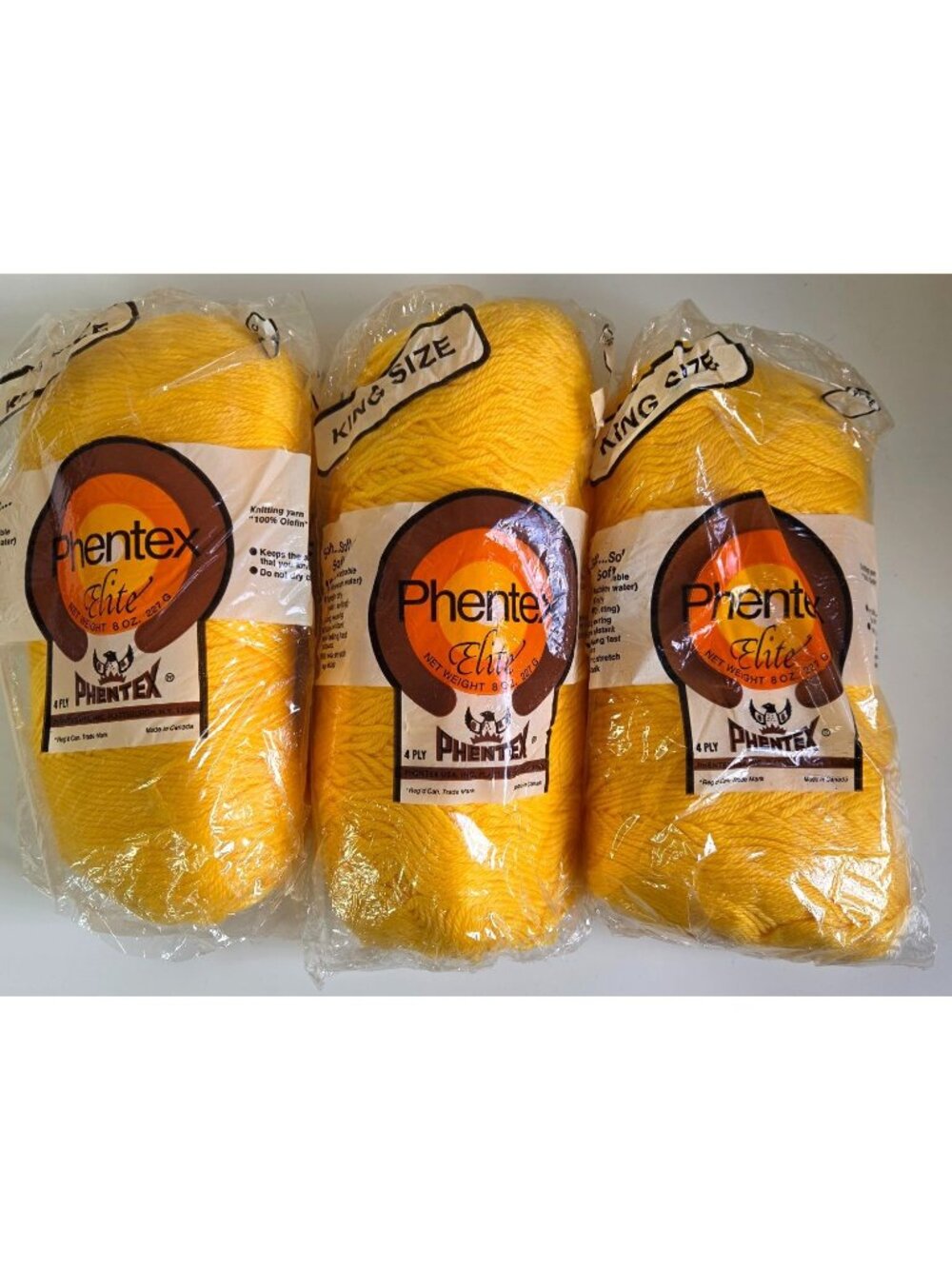 Vintage Phentex Elite King Size Yarn 4 Ply 8 Oz Each 100% Olefin Yellow Bundle